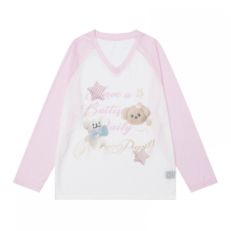 Adorable Bear Print Pink Colorblock Design V-neck Semi-sheer Coverup