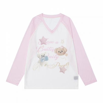 Adorable Bear Print Pink Colorblock Design V-neck Semi-sheer Coverup