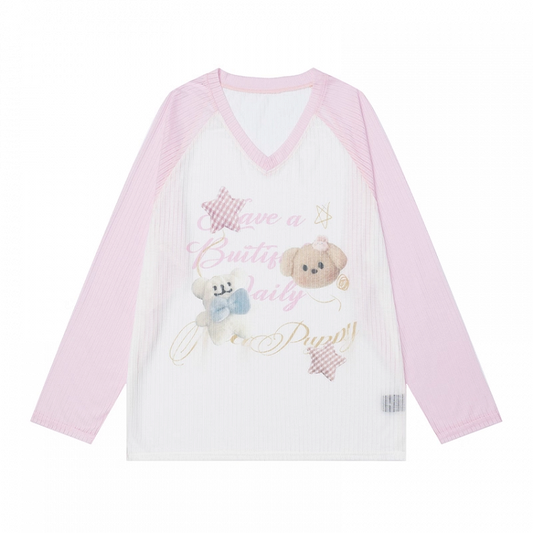 Adorable Bear Print Pink Colorblock Design V-neck Semi-sheer Coverup