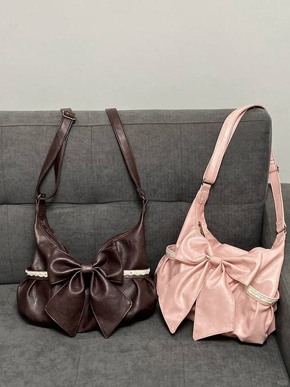 Classic Pink Shoulder Tote Bag With Dramatic Oversized Bow Accent