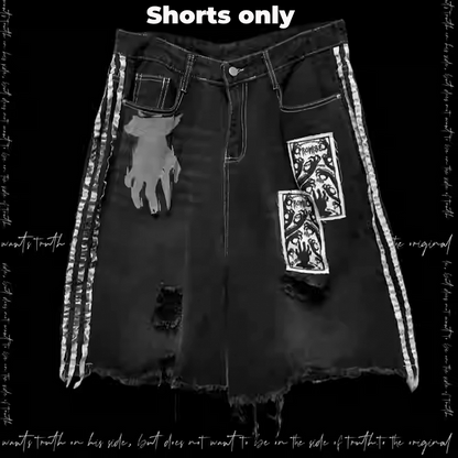 Black & White Stripes Distressed Holes Raw Hem Appliques Embellished Denim Shorts