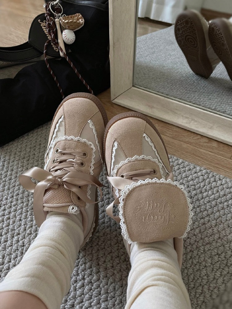 Clearance-Size 36 Khaki Fold-over Design Lace Trim Sneakers