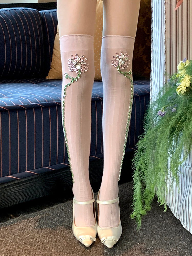 Pink/White Rhinestone Floral Decorated Over-knee Stockings