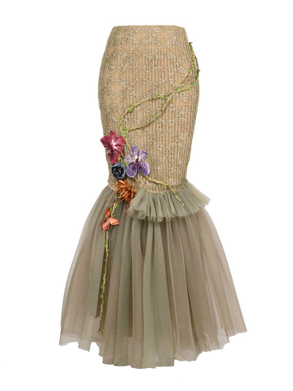 Butterfly and Floral Decorated Green Forest Fairy Goth Double Layers Tulle Hem Mermaid Skirt