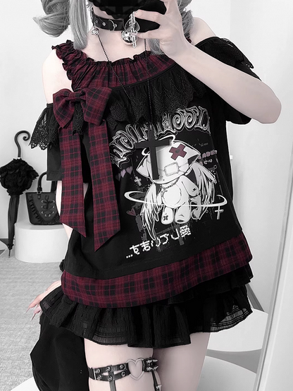 Yami Kawaii Angel Kitten Print Off-the-shoulder Neckline Black and Red Plaid T-Shirt