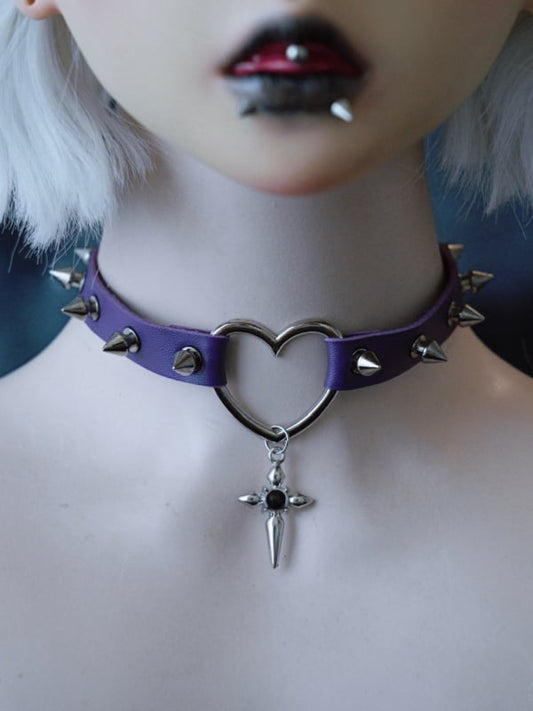 Purple Gothic Cross Pendant Studs Details Heart Choker