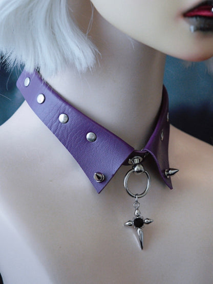 Purple Gothic Rhinestone Decorated Cross Pendant Studs Details Choker