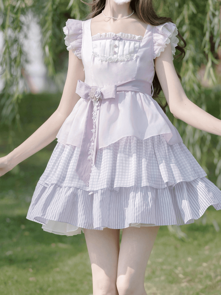 Sweet Lavender Flutter Sleeves Dress Tiered Skirt with Floral Brooch and Waist Belt