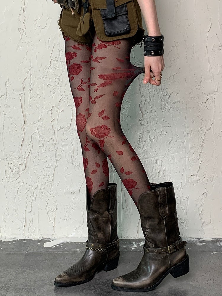 Black&Red Gothic Rosette Pattern Tights