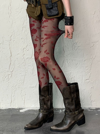 Black&Red Gothic Rosette Pattern Tights