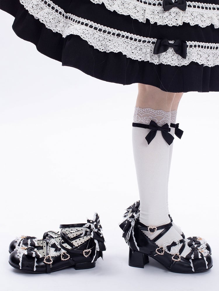 Black Sweet Lolita Bowknot Details Crisscross Design Heart Buckle Straps 2CM/5CM Block Heels Shoes