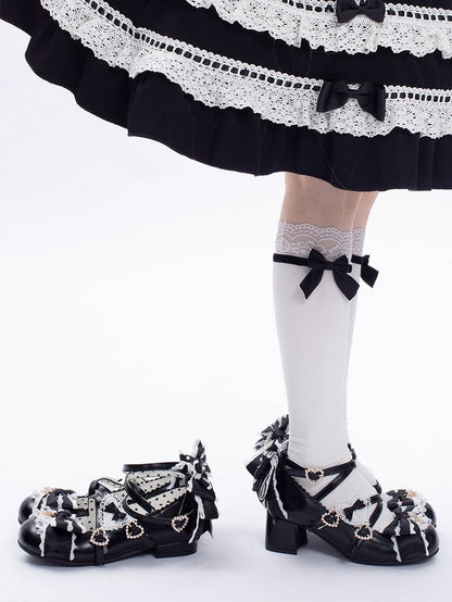 Black Sweet Lolita Bowknot Details Crisscross Design Heart Buckle Straps 2CM/5CM Block Heels Shoes
