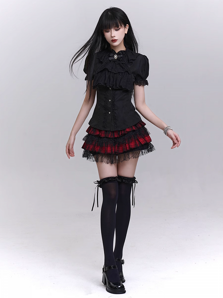 Black Puff Sleeves Vintage Gothic Blouse with Detachable Jabot Tie