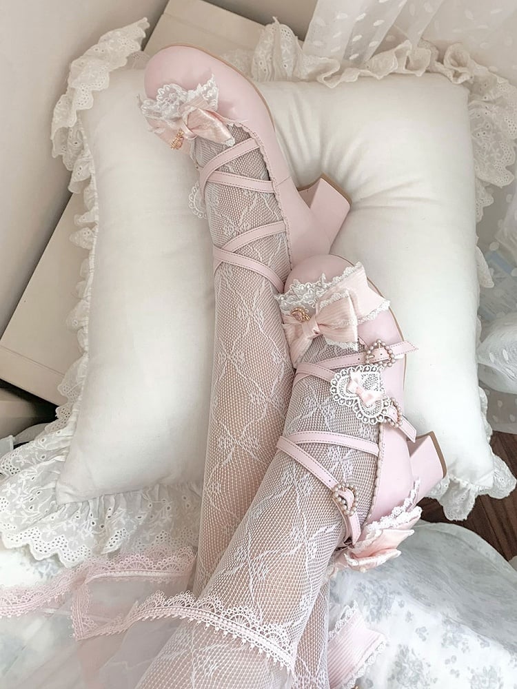 Pink Sweet Lolita Bowknot Details Crisscross Design Heart Buckle Straps 2CM/5CM Block Heels Shoes