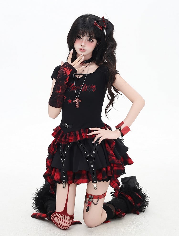 Red and Black Plaid Cascading Ruffle Accents Star and Letter Appliques T-shirt