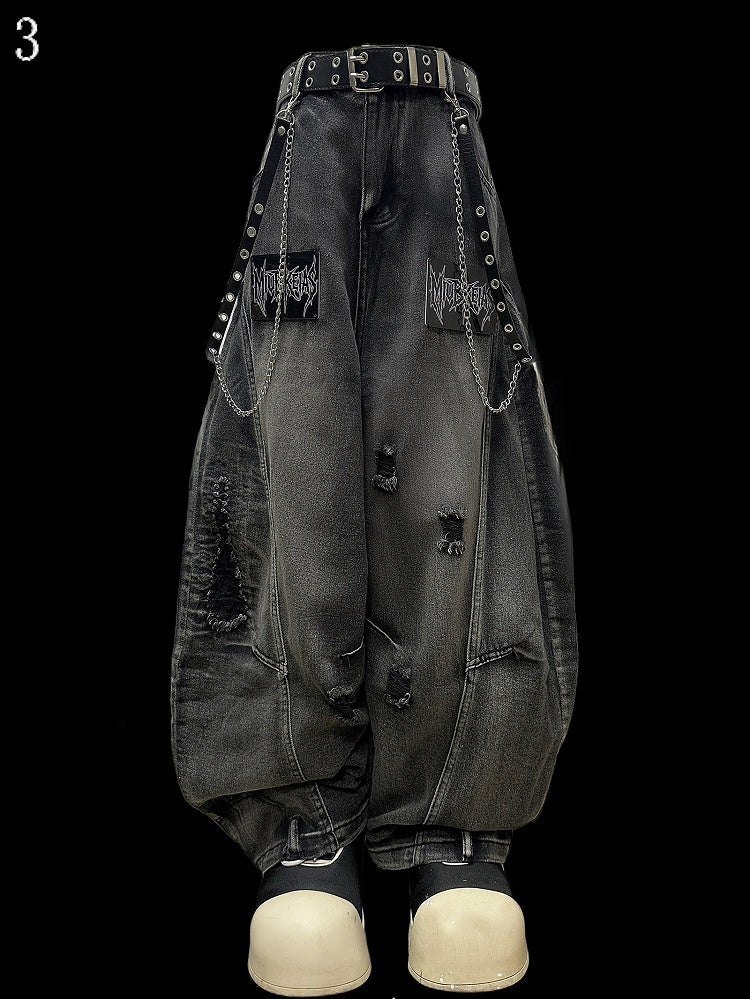 Dark Gray Letter Applique Distressed Holes Details Wide-leg Cut Jeans