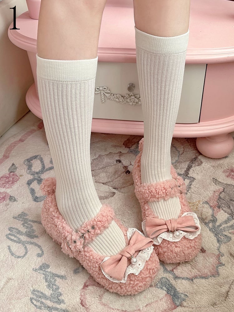 White Striped Pattern Lolita Calf Socks