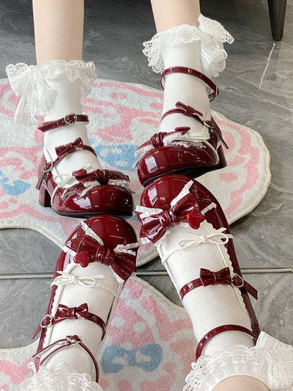 Wine Red Ruffle Trim Decorated Bow at Top 3.5CM Sweet Lolita Block Heel Mary Janes