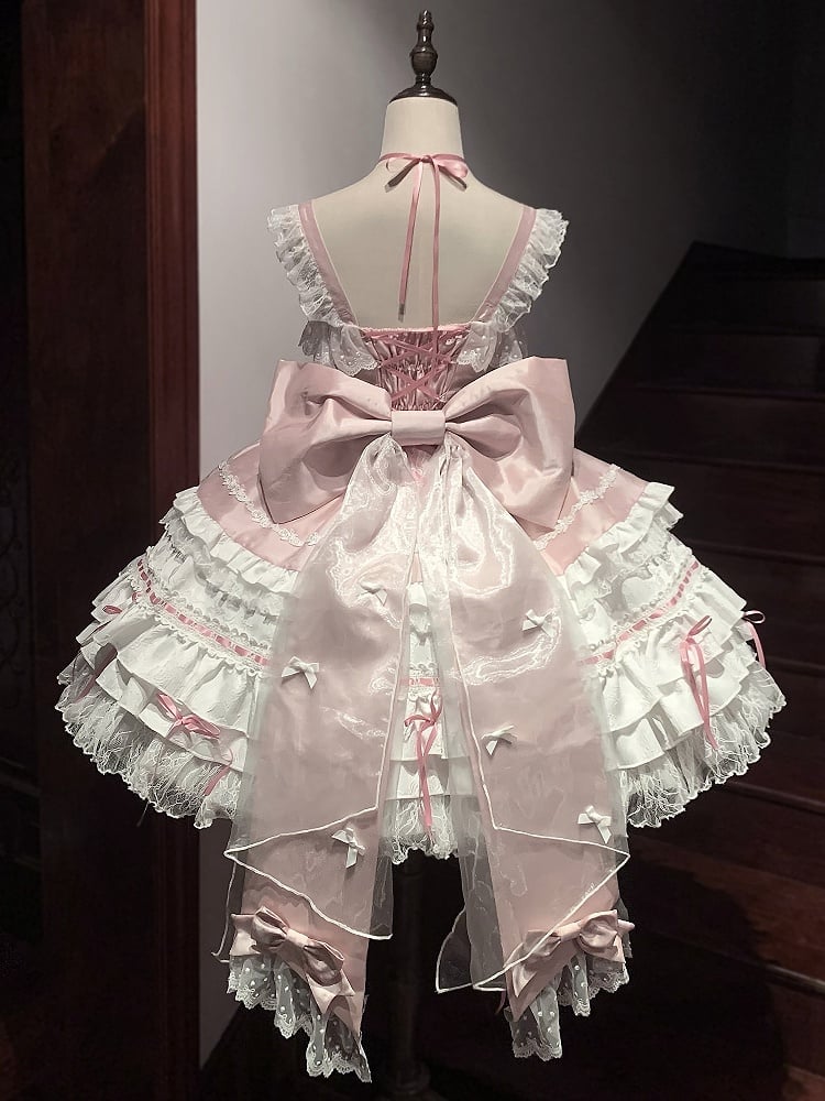 Sweet Bead Chain Bows Decorated White and Pink Tiered Skirt Lolita Dress