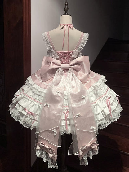 Sweet Bead Chain Bows Decorated White and Pink Tiered Skirt Lolita Dress