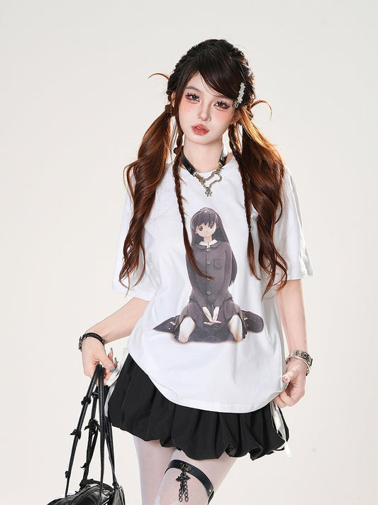 Anime Girl Print White Round Neck Loose T-shirt