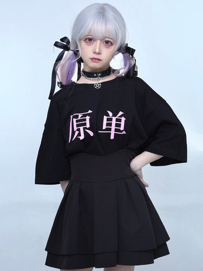 Black Jirai Kei Oversized Round Neck Graphic T-shirt