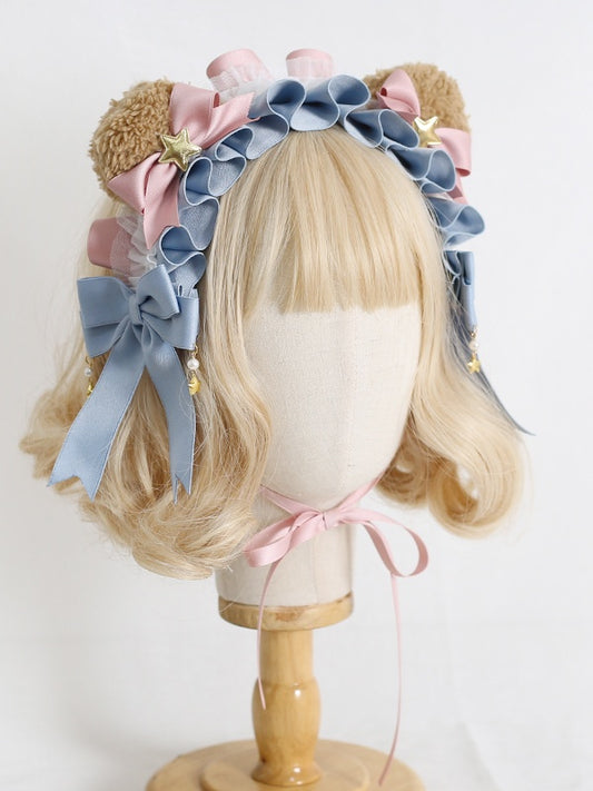Cute Lolita Pink & Blue Bowknot Bear Ear Hairband with Star Decorations