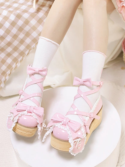 Polished Pink Bunny Ear Bowknot Old School Sweet Lolita Platforms