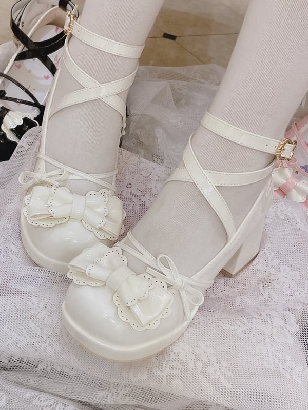 Bow Accents Crisscross Ankle Strap White Round Toe Sweet Mary Janes