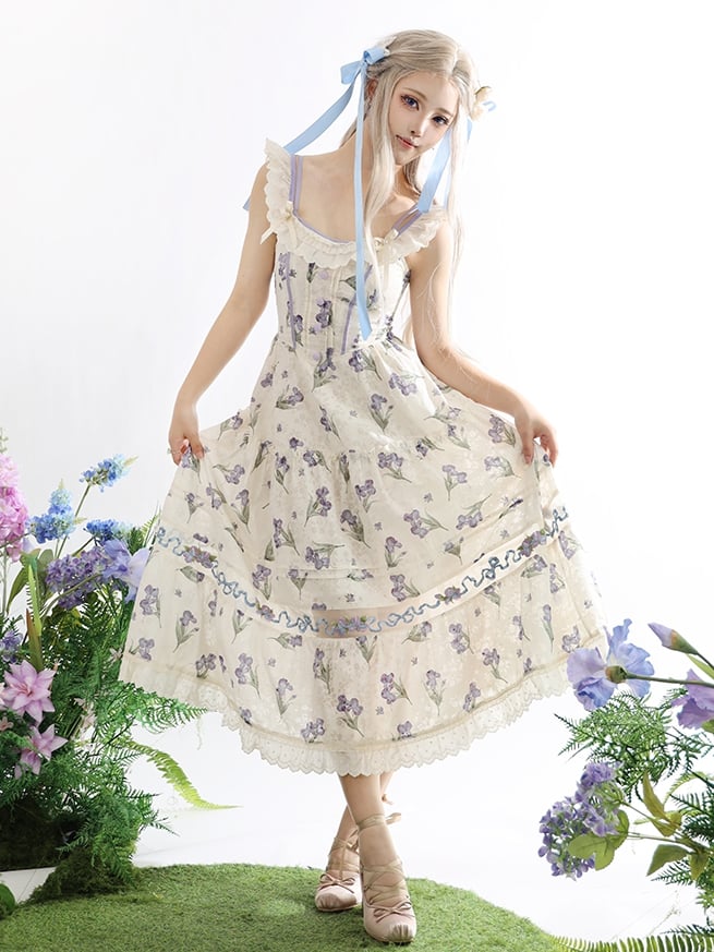 Purple Iris Embroidery Beige Off-the-shoulder Neckline Jumper Skirt