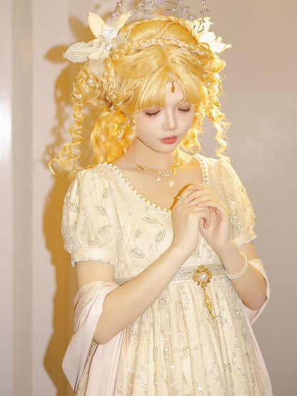 Allover Beaded Leaves Design Beige Empire Waist Elegant Lolita One Piece Long/Short Version