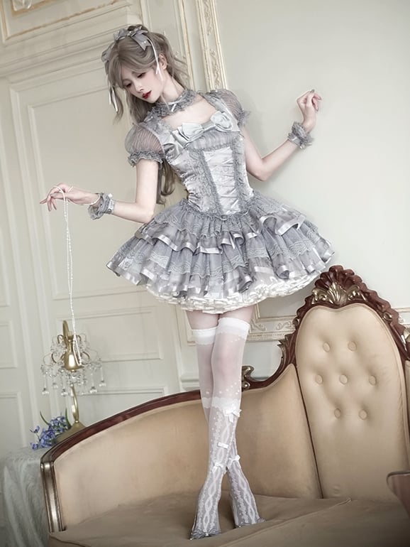 Bunny and Kitty Print Silver Gray Short Puff Sleeves Lolita Corset Dress