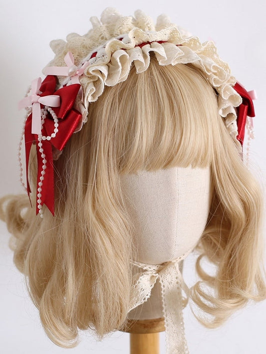 Red&Pink Sweet Lolita Beaded Decorated Bowknot Details Ruffled Hairband