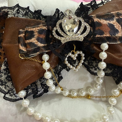 Black&Brown Leopard Pattern Rhinestone Crown Decorated Beaded Charm Lace Trim Bowknot Hairclip