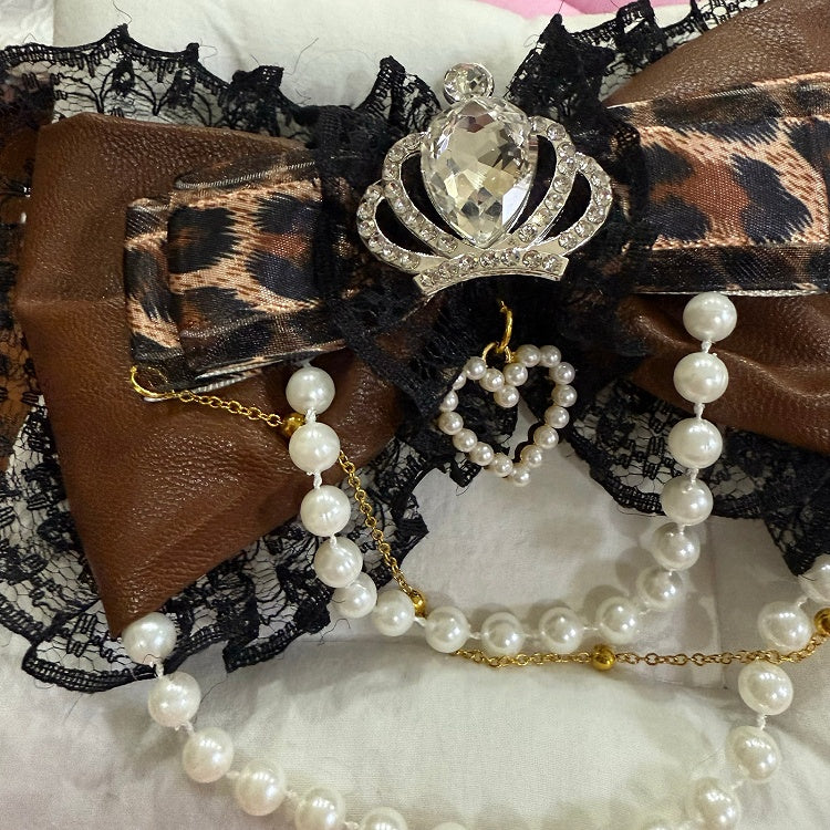 Black&Brown Leopard Pattern Rhinestone Crown Decorated Beaded Charm Lace Trim Bowknot Hairclip