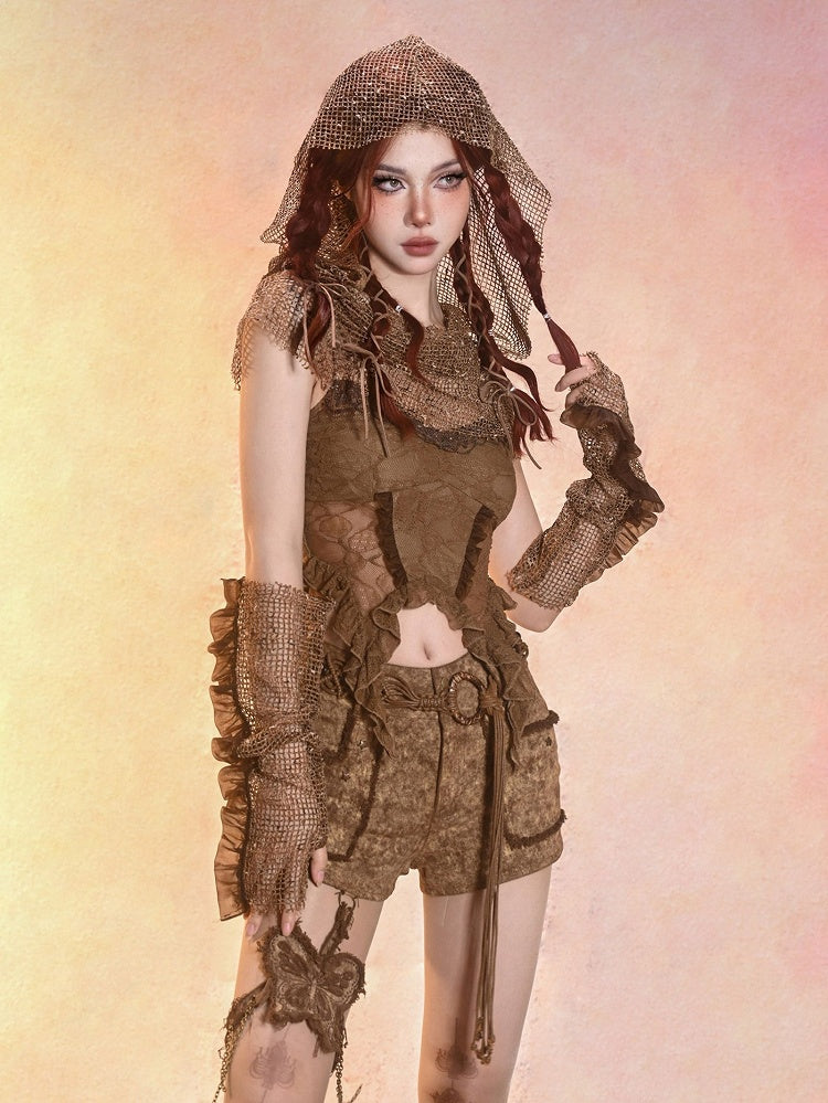 Summer Essential Lace Vintage-Inspired Spaghetti Strap Brown Top for Women