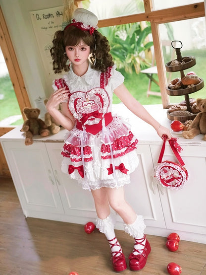 White and Red Polka-dot Cake Embroidery Sweet Lolita Overall Dress Big/Small Bubble Skirt