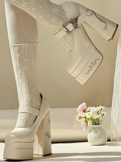 Bowknot Embroidery Butterfly-shaped Buckle Beige Platform Mary Janes High Block Heels