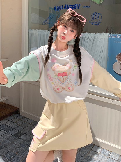 Green and Yellow Colorblock Design Teddy Bear Print Drawstring Hem Autumn Sweatshirt