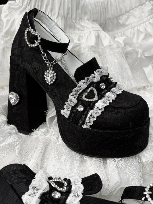 Jirai Kei Black Lace Platform Heels: 12cm Chunky Block Heel with Heart Rhinestone Chain & Buckle Ankle Strap