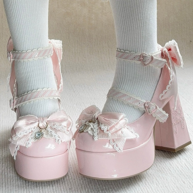 Pink Elegant Lolita High Block Heel Mary Janes with Bow Embroidery, Crystal Elements & Striped Fasteners