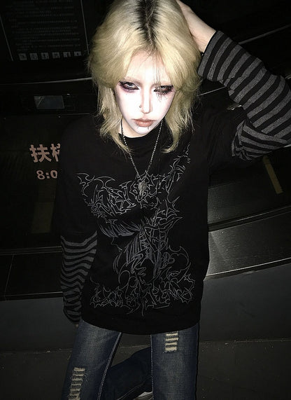 Black Emo Punk Girl Print Striped Sleeves Graphic T-shirt