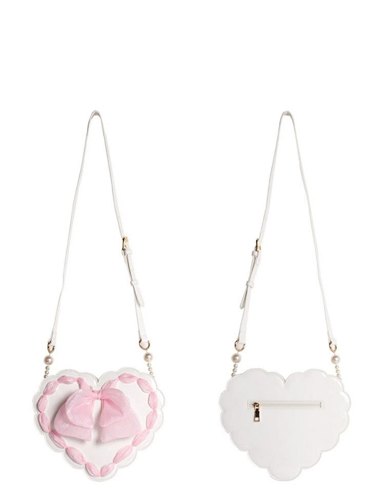 Lolita Heart-Shaped Pearl Handle Bag with Bow Detail & Adjustable Strap Two Colors Available