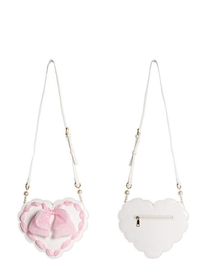 Lolita Heart-Shaped Pearl Handle Bag with Bow Detail & Adjustable Strap Two Colors Available