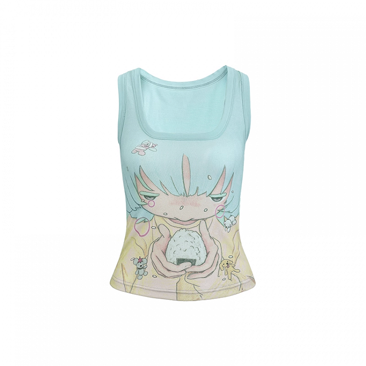 Anime Girl Print Mint Green Square Neckline Tank Top