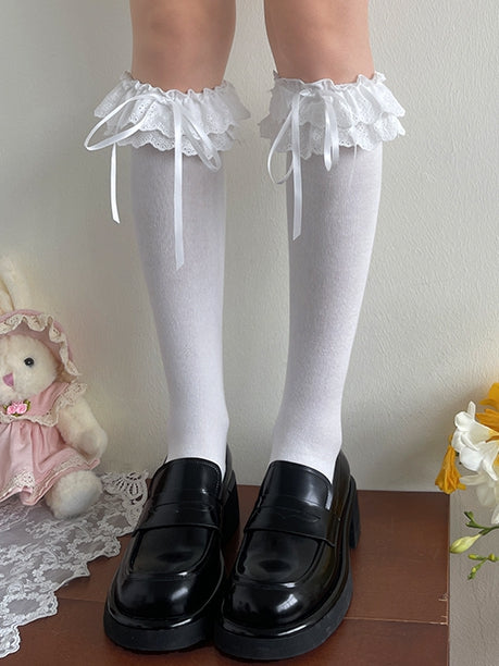 White/Black Double Layers Lace Trim Lolita Under-Knee Stockings