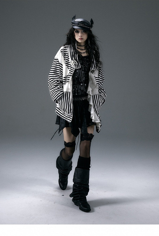 Black&White Stripe/Grey Rose Pattern Jacket with Flounce Hem