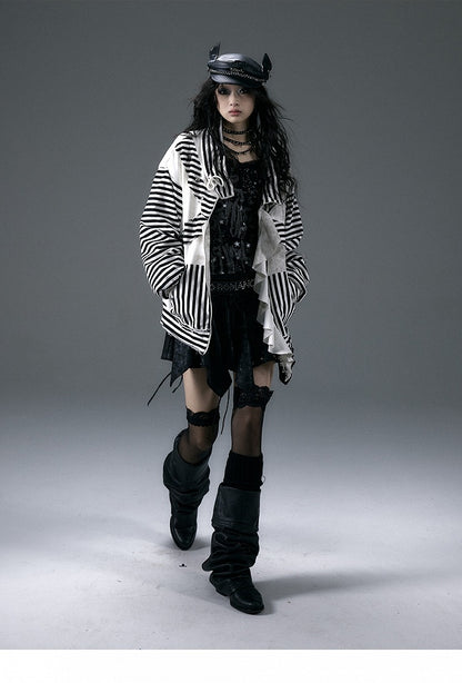 Black&White Stripe/Grey Rose Pattern Jacket with Flounce Hem