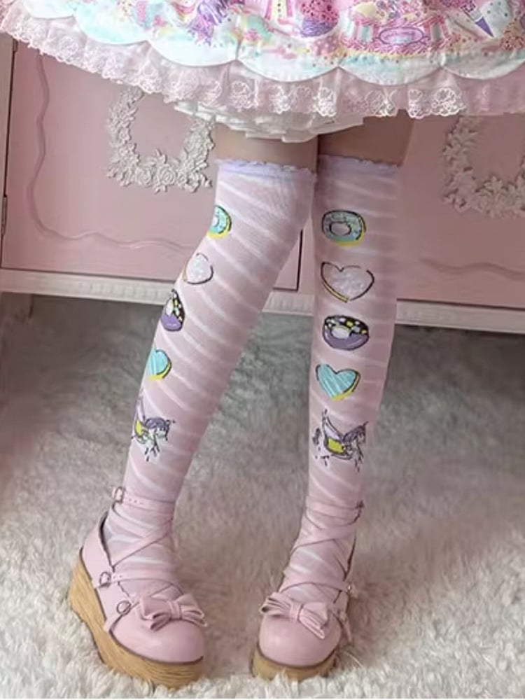 Pink/Yellow/Blue/Purple Unicorn Donut Print Striped Pattern Lolita Over Knee Stockings