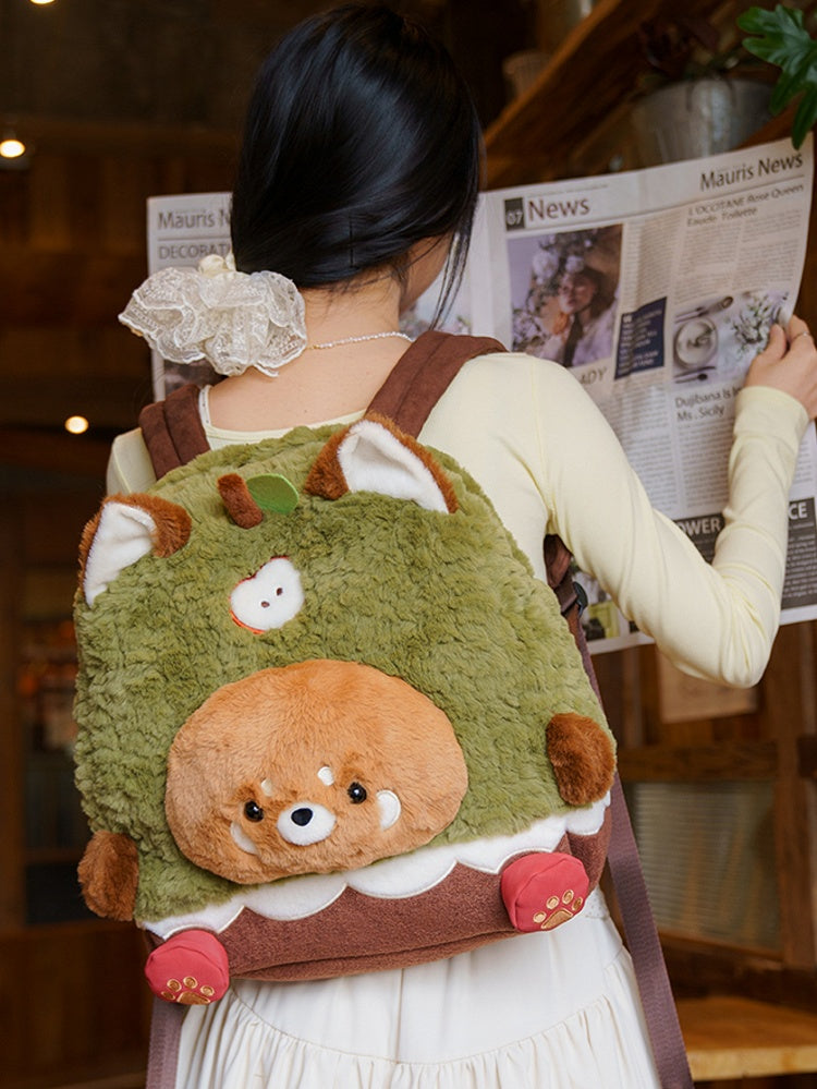 Brown&Green Apple Design Cute Plush Red Panda Backpack Middle/Large Size